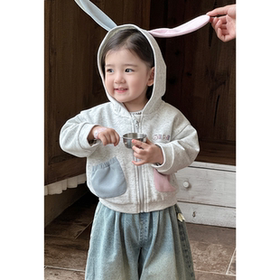 女童套装秋装时髦条纹打底衫婴幼童韩版牛仔阔腿裤连帽开衫三件套