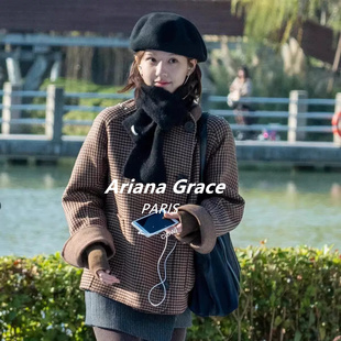 Ariana Grace高级感复古千鸟格短款毛呢外套女赵露思明星同款上衣