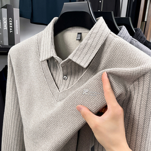 稻草人冬季新款加绒加厚男士上衣休闲商务针织衫假两件套头毛衣男