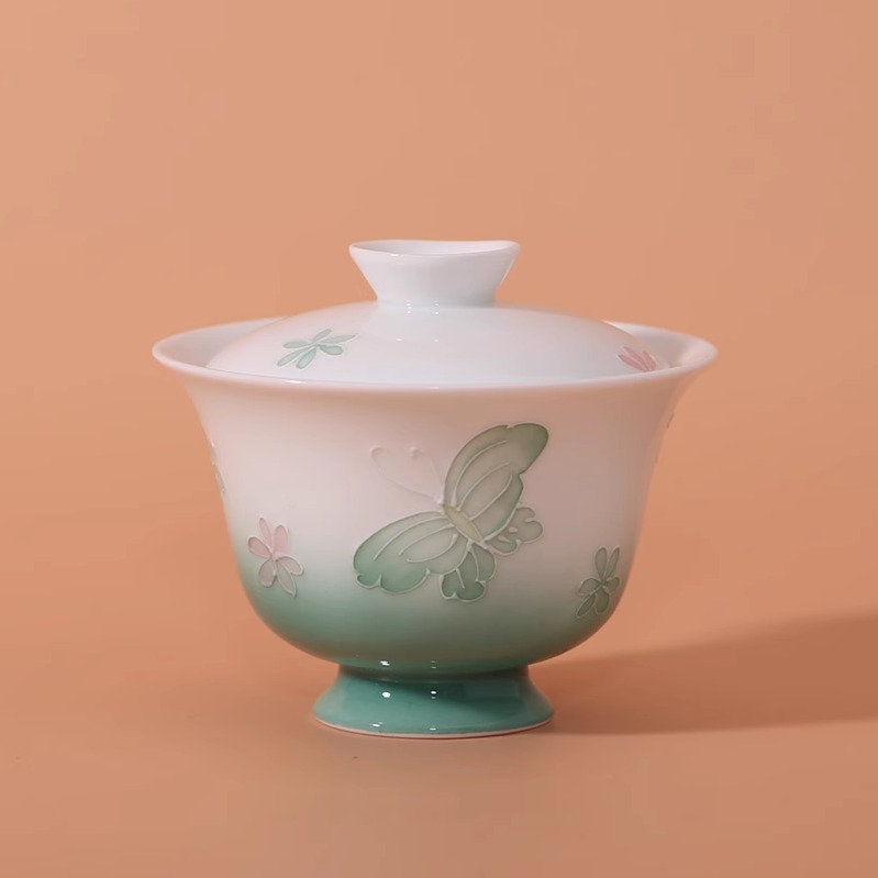 2025新款纯手绘蝴蝶盖碗立体花纹泡茶碗创意小品盖碗个性两人茶具