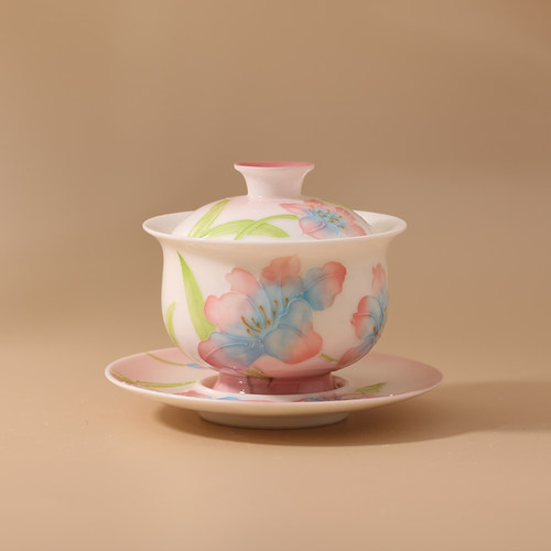 夏禾茶具精美三才盖碗景德镇陶瓷茶具纯手绘元宝盖碗高颜值不烫手