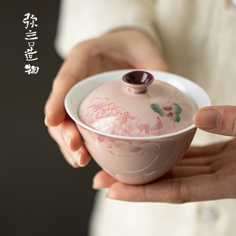 弥言釉下彩手绘粉色盖碗手工薄胎小泡茶碗茶杯不烫手功夫茶具家用