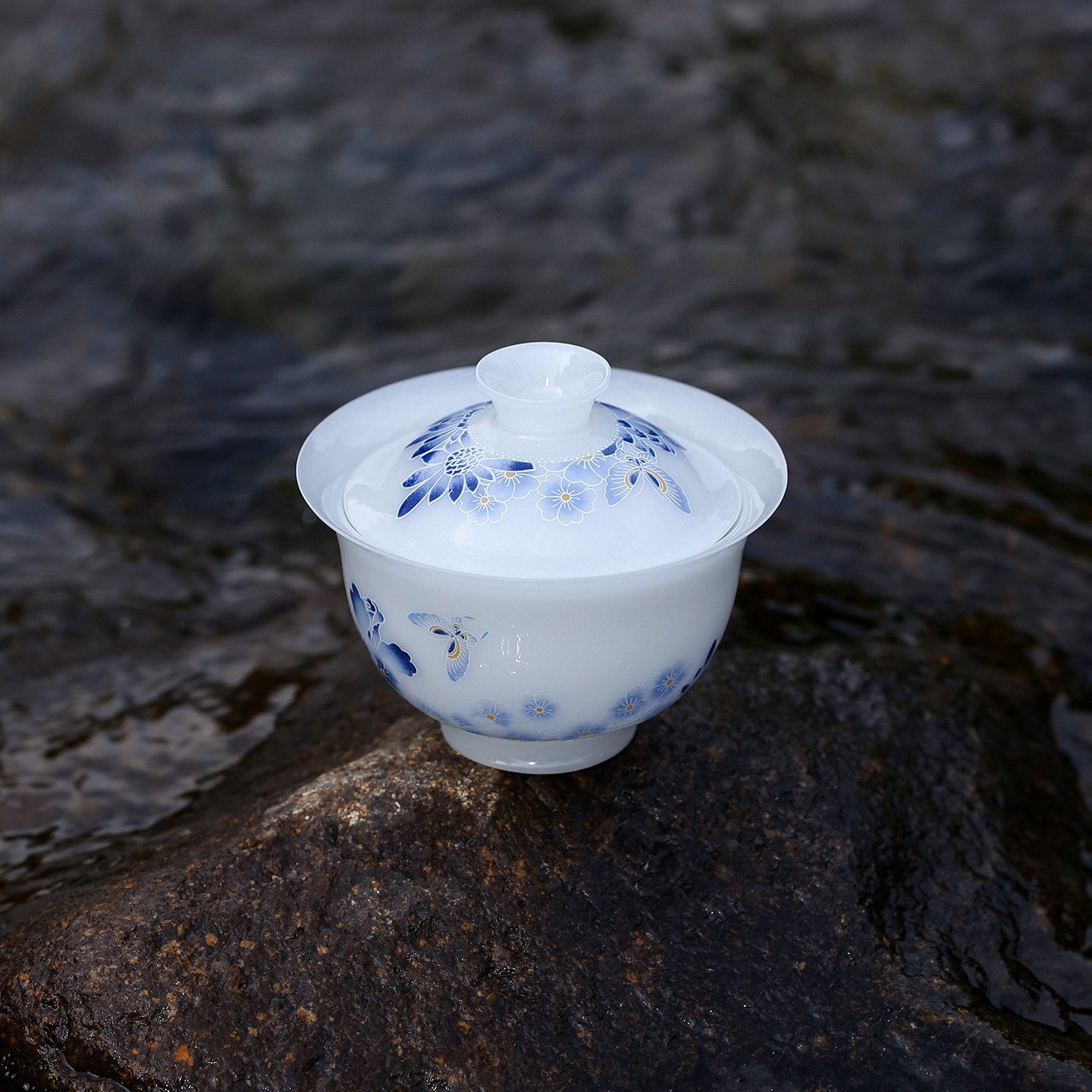 青蝶揽花女士小盖碗璞玉冰玉瓷茶杯雅致小清新高足壶承