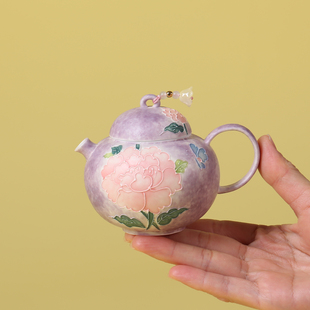 夏禾茶具粉紫色茶壶陶瓷茶杯手绘牡丹花蝴蝶泡茶壶哑光单壶小清新