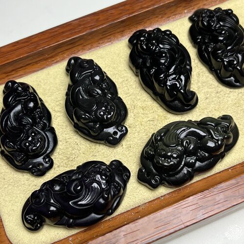 天然彩眼黑曜石貔貅雕刻件手工DIY项链滴溜挂件水晶配件饰品