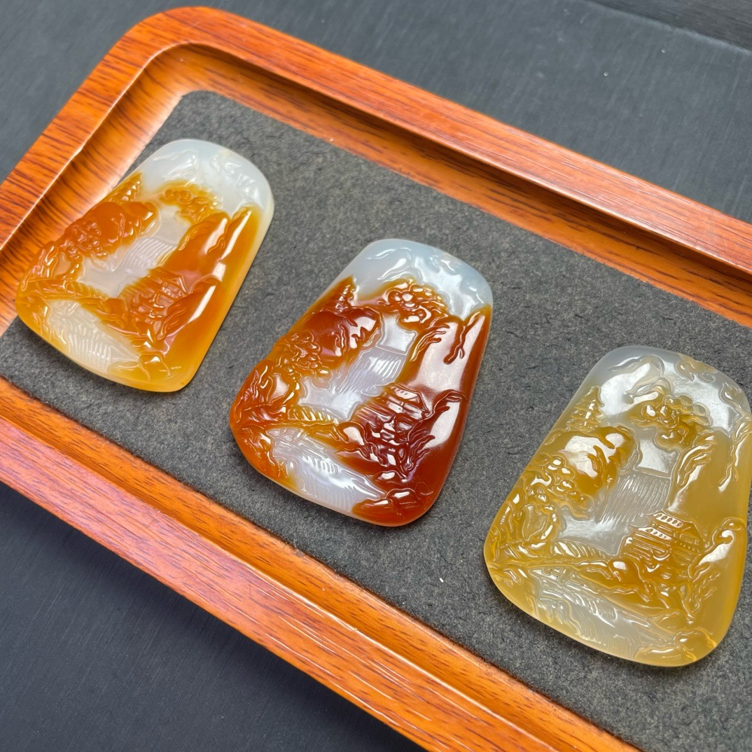 天然玛瑙山水牌雕刻件手工DIY手链项链吊坠串链配件饰品挂件