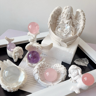 水晶球底座托首饰饰品收纳盒天使之翼贝壳羽毛创意工艺品树脂摆件