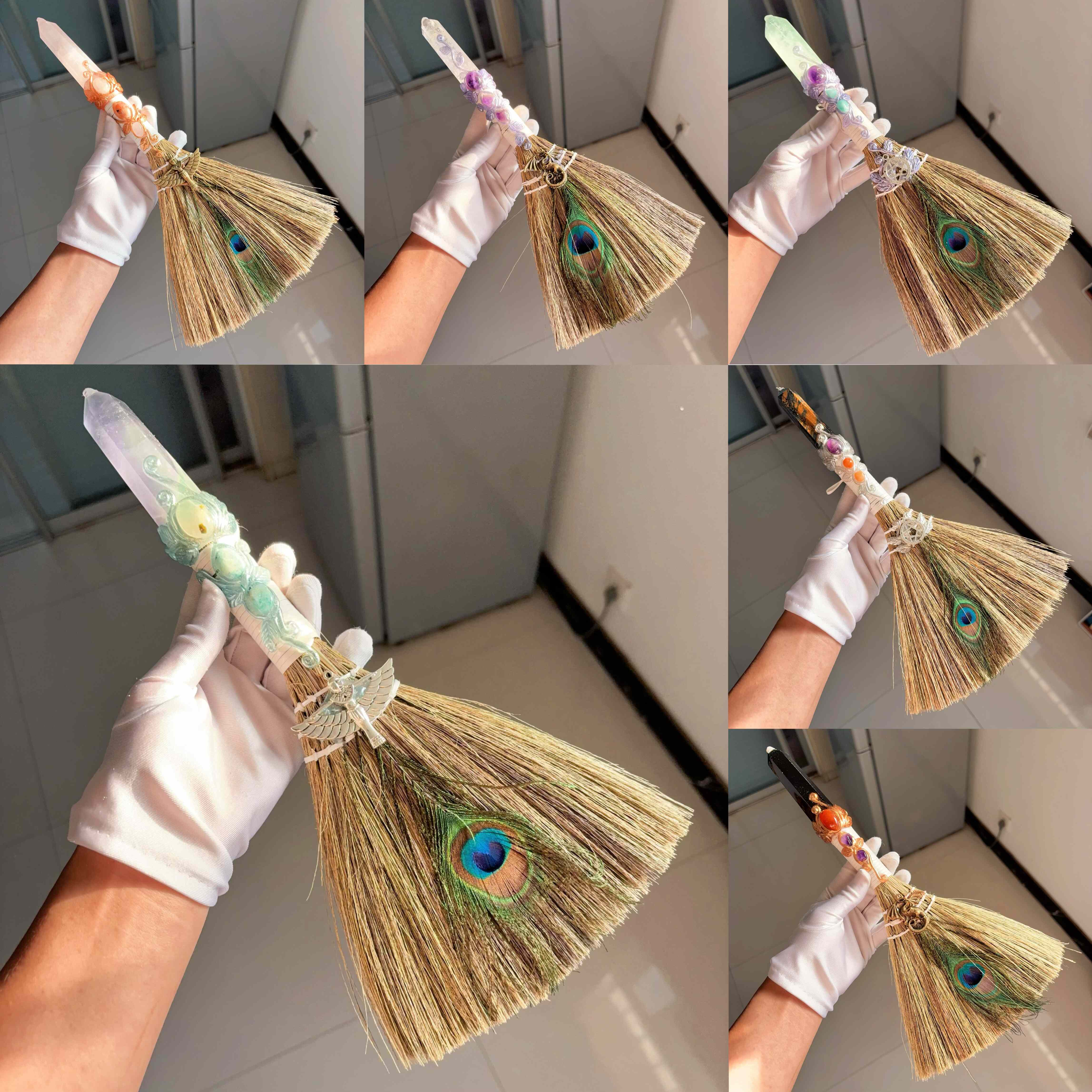 天然白水晶粉晶虎眼石柱子手作大号扫把摆件装饰扫帚权杖魔法棒