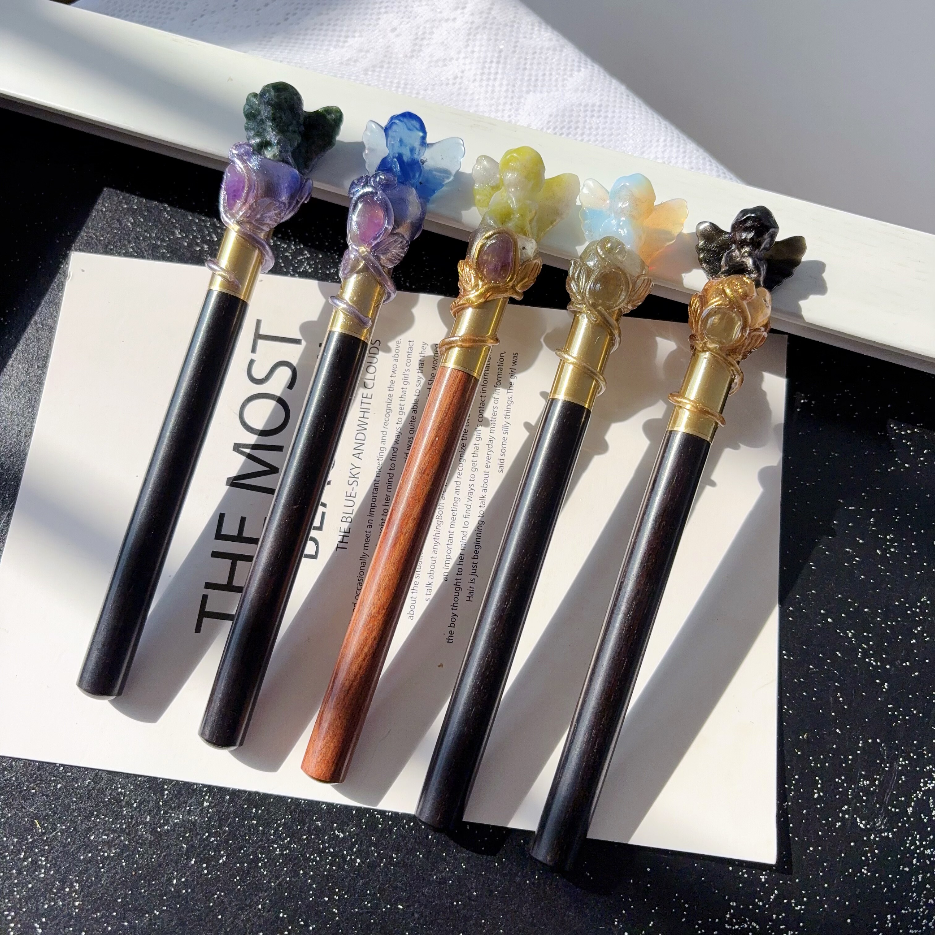 天然水晶祈祷天使男孩手作权杖魔法棒黑色圆珠笔手持仙女摆件礼物