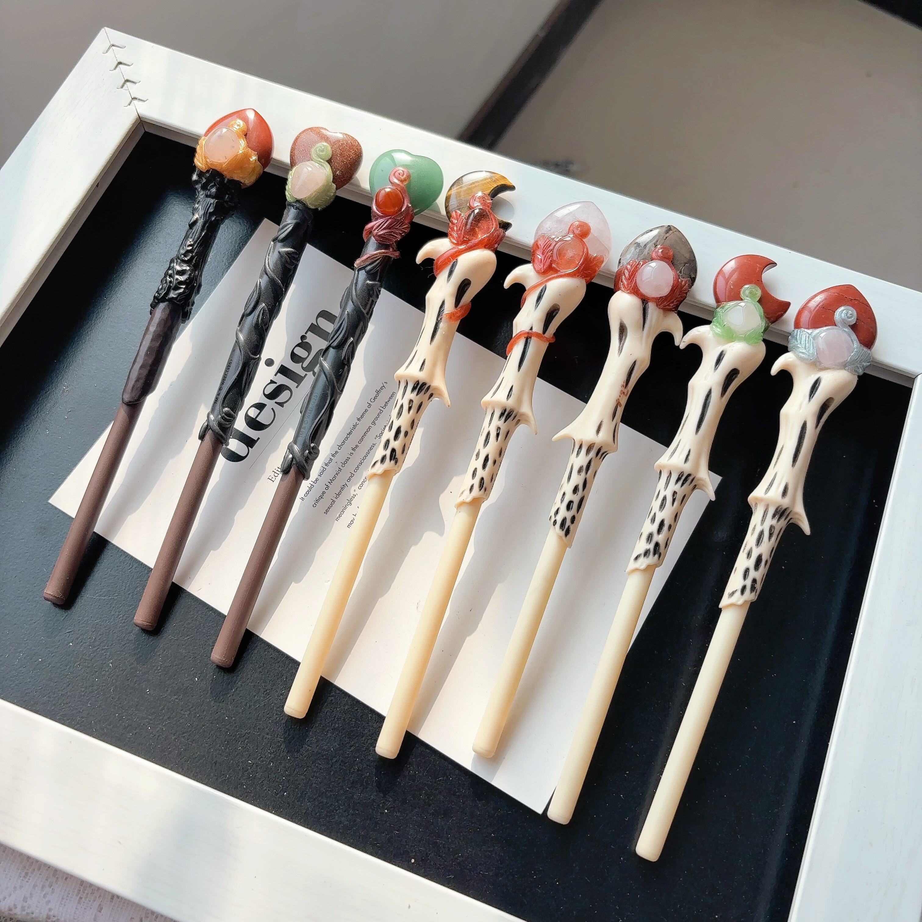 天然水晶爱心火苗月亮手工制作黑色圆珠笔仿真鹿角权杖魔法棒摆件