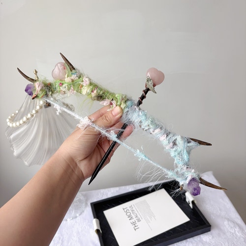 天然粉水晶爱心紫晶原石手工制作鹿角权杖弓箭丘比特之箭表白摆件