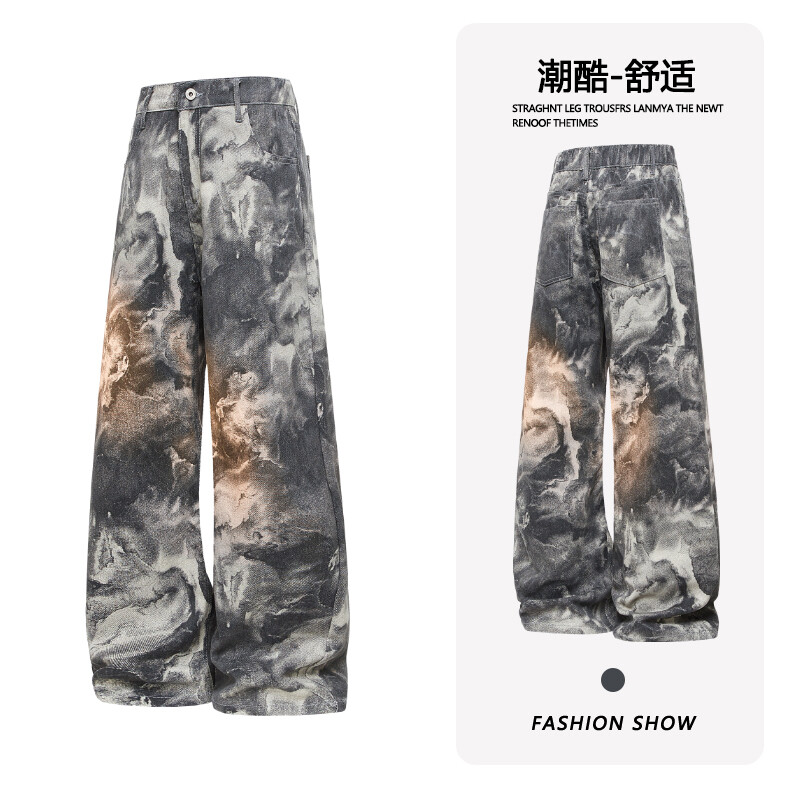 B221 美式ins高街暗黑宽松直筒迷彩牛仔裤LK24411