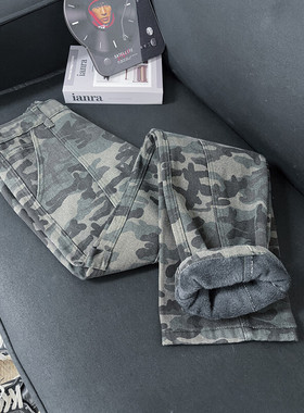 B221美式ins高街宽松拼接迷彩加绒牛仔裤 LK24366