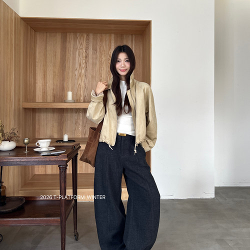 十三行T-PLATFORM-26318高腰压褶宽松阔腿裤垂感显瘦休闲裤女