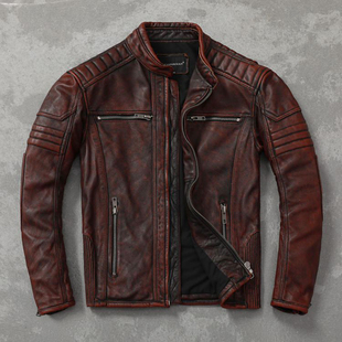 立领潮流机车服上衣 皮衣皮夹克头层牛皮外套时尚 美式 复古男士