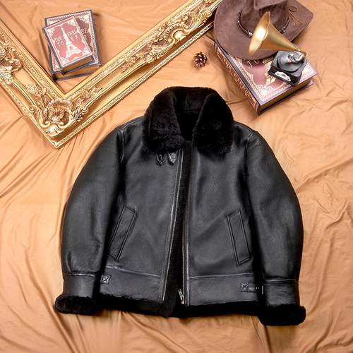皮毛一体厚毛翻领真皮皮衣