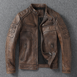 立领皮夹克潮 短款 阿美咔叽头层牛皮机车服美式 复古真皮皮衣男士