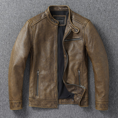 真皮皮衣男修身短款皮夹克复古做旧头层牛皮外套帅气立领春秋单衣