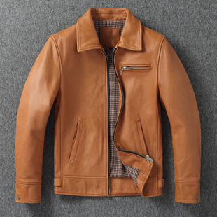 外套 机车皮夹克青年潮流皮衣男石磨做旧头层牛皮短款 新款 燕尾款