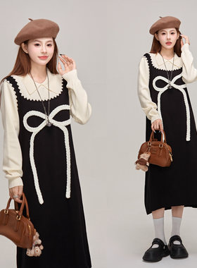 MZ原创/法式复古设计感假两件针织连衣裙女秋冬高级感内搭毛衣裙