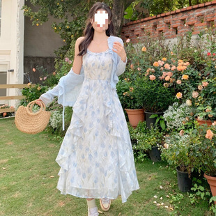 法式碎花雪纺吊带连衣裙女中长款2026夏季新款甜美气质裙子两件套