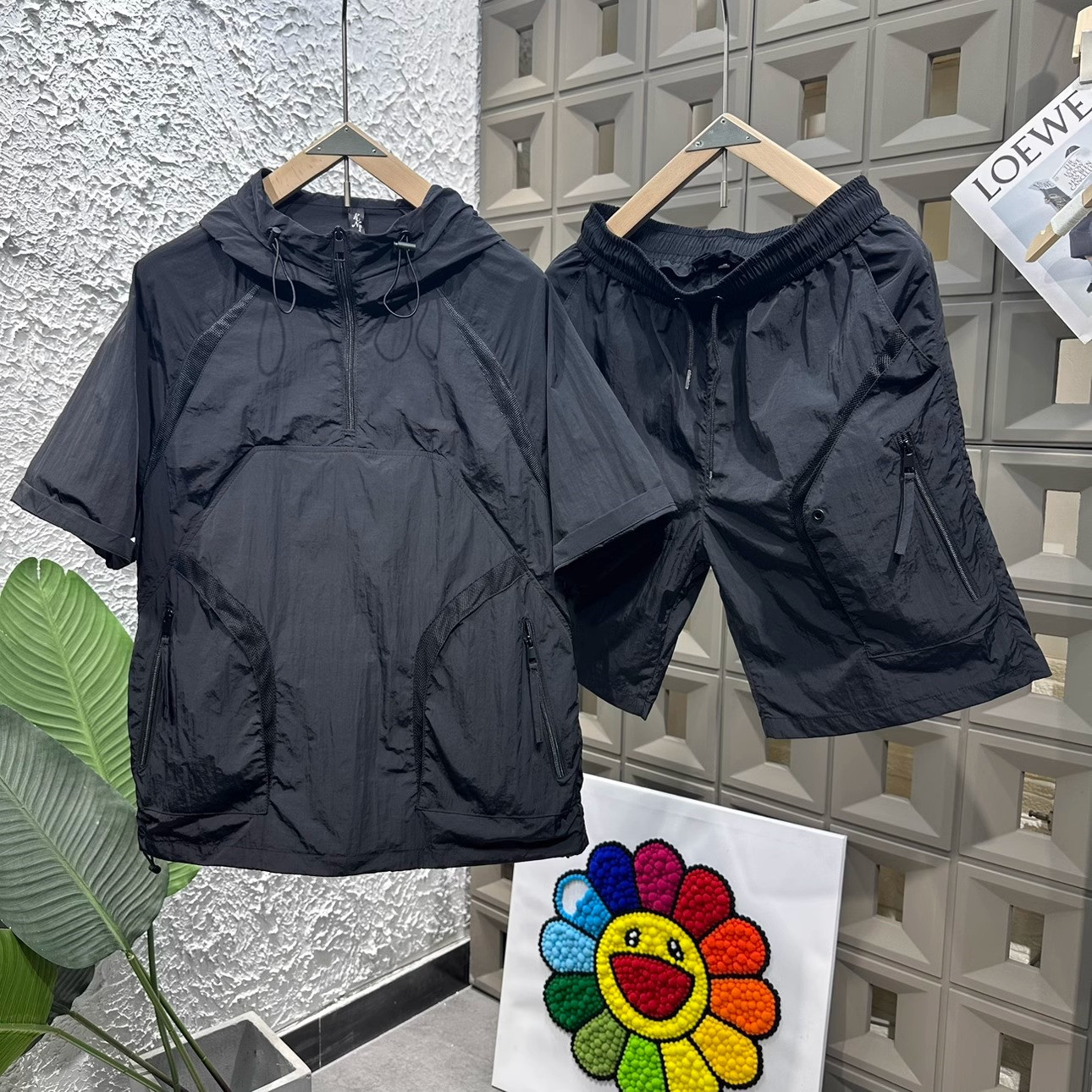 夏季男休闲工装连帽半袖短裤运动两件套装潮牌宽松速干多兜五分裤