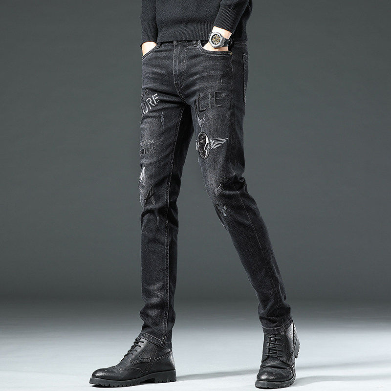 潮牌刺绣牛仔裤男春秋季网红同款潮流韩版黑色弹力修身小脚长裤子