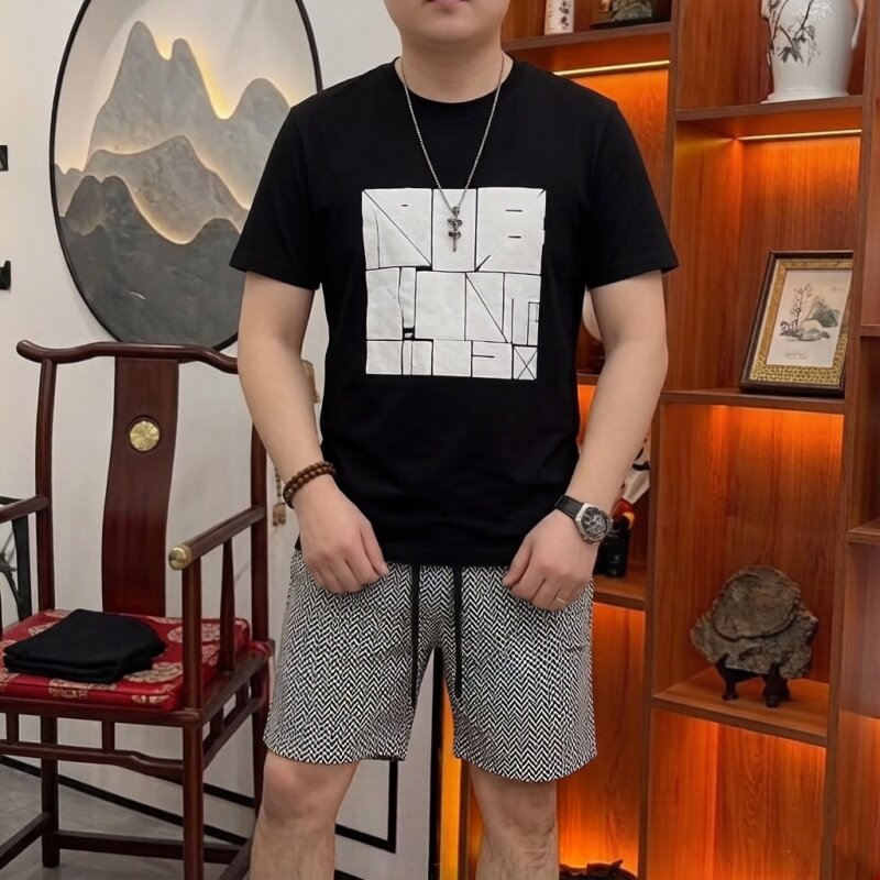 印花短袖套装个性短裤男潮牌外穿休闲五分裤夏季新款男士宽松中裤