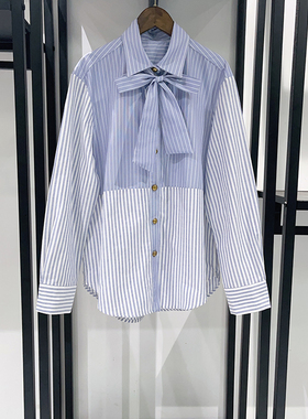 法式小众 2025秋冬俏皮学院风领带浅蓝色条纹拼接单排扣女士衬衫