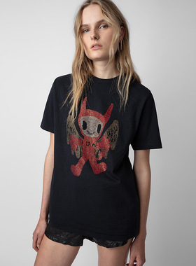 24早春新款法国小众前面娃娃烫钻背后字母印花黑色女式短袖T恤