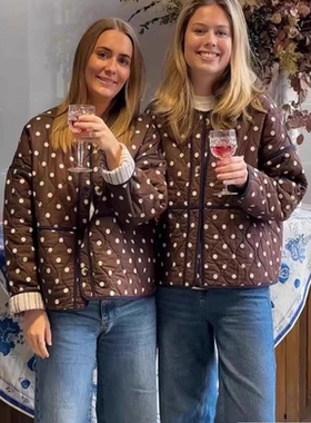 法式~~~2025秋冬新款 波点包边宽松显瘦时尚圆领轻薄夹棉女士棉袄