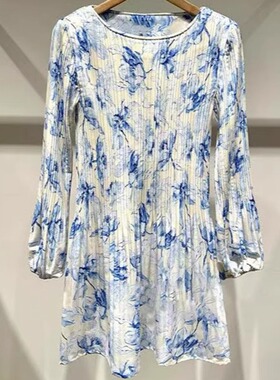 法式小众M家25早春时尚小清新蓝色碎花压褶显瘦连衣裙百褶短裙 女