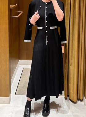 24系列 夏款法式珍珠饰无袖黑色中长款针织连衣裙