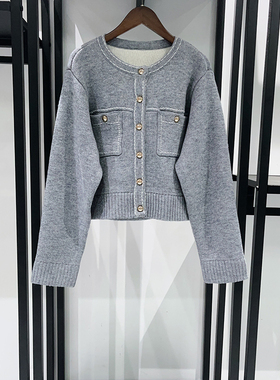 法式小众 2025秋冬百搭小香风撞色明线圆领灰色羊毛混纺针织开衫