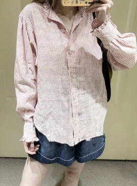 木耳领排扣条纹宽松通勤两色女装上衣衬衫