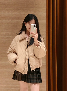 亏清3K+品相 法式毛领插肩袖通勤松紧袖口加厚保暖素色棉服外套女