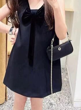 法式优雅 2025早春新甜美小个子大V领丝绒蝴蝶结黑色背心连衣裙