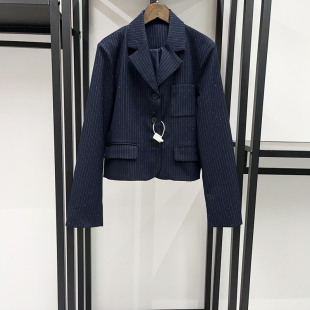 法单   2026秋冬深蓝色细闪条纹西服领外套A字迷你裙女士时尚套装