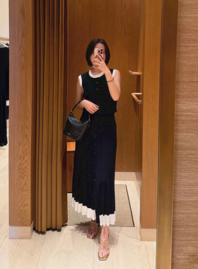 法式小众 2025早秋名媛黑色撞白边圆领无袖针织背心半裙套装