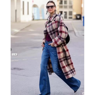 特价清仓~~时尚经典大格POLO领廓形毛呢大衣超长外套