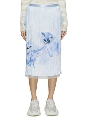 清仓特价浅蓝色晕染中的小猫咪缎面褶皱轻薄后开叉弹力腰百褶半裙