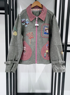 亏清福利秋冬时尚大马戏故事重工刺绣水洗帆布帅气夹克外套女士