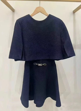 亏清气质优雅秋冬口袋深蓝色粗花呢圆领中袖斗篷外套+无袖背心裙