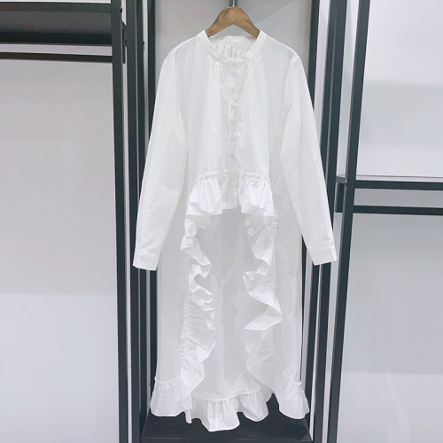 SAVI~款法式2026春夏个性纯色荷叶边前短后长燕尾服圆领衬衫