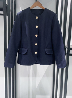 法式小众 2025秋冬气质深蓝色圆领拉丝金属扣装饰直肩短外套