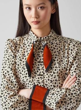 英国LKB牌早秋新款黑色小花印花拼橘红系带领女真丝长袖衬衫