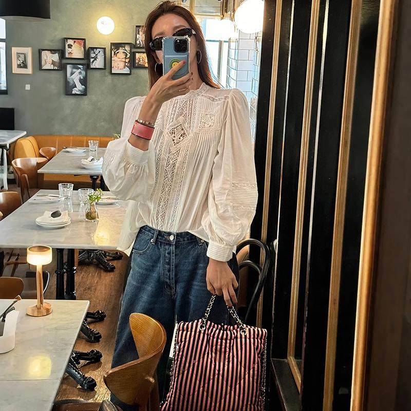 法式小众 2025早春优雅立领蕾丝镶嵌镂空花朵灯笼袖纯色罩衫
