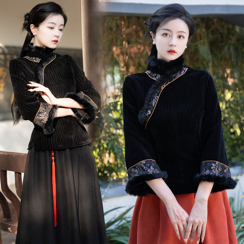 새로운 중국 스타일 셔닐 실 국가 스타일 여성 겨울 당나라 HANFU 복고풍 스탠드 칼라 탑 롱 스커트 티 드레스 투피스 세트