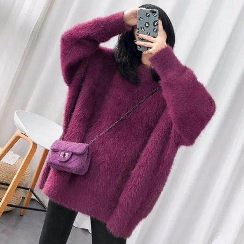 香港秋冬季水貂绒毛衣女新款加厚中长款宽松慵懒风大码打底针织衫