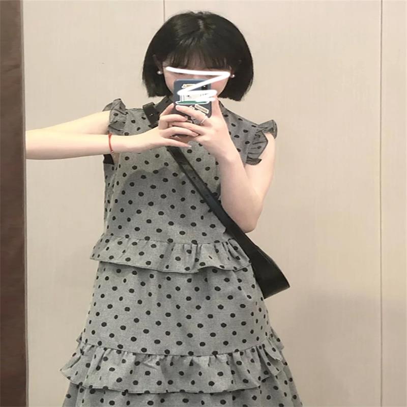 香港荷叶边无袖波点连衣裙女夏2025新款法式别致绝美小众设计长裙